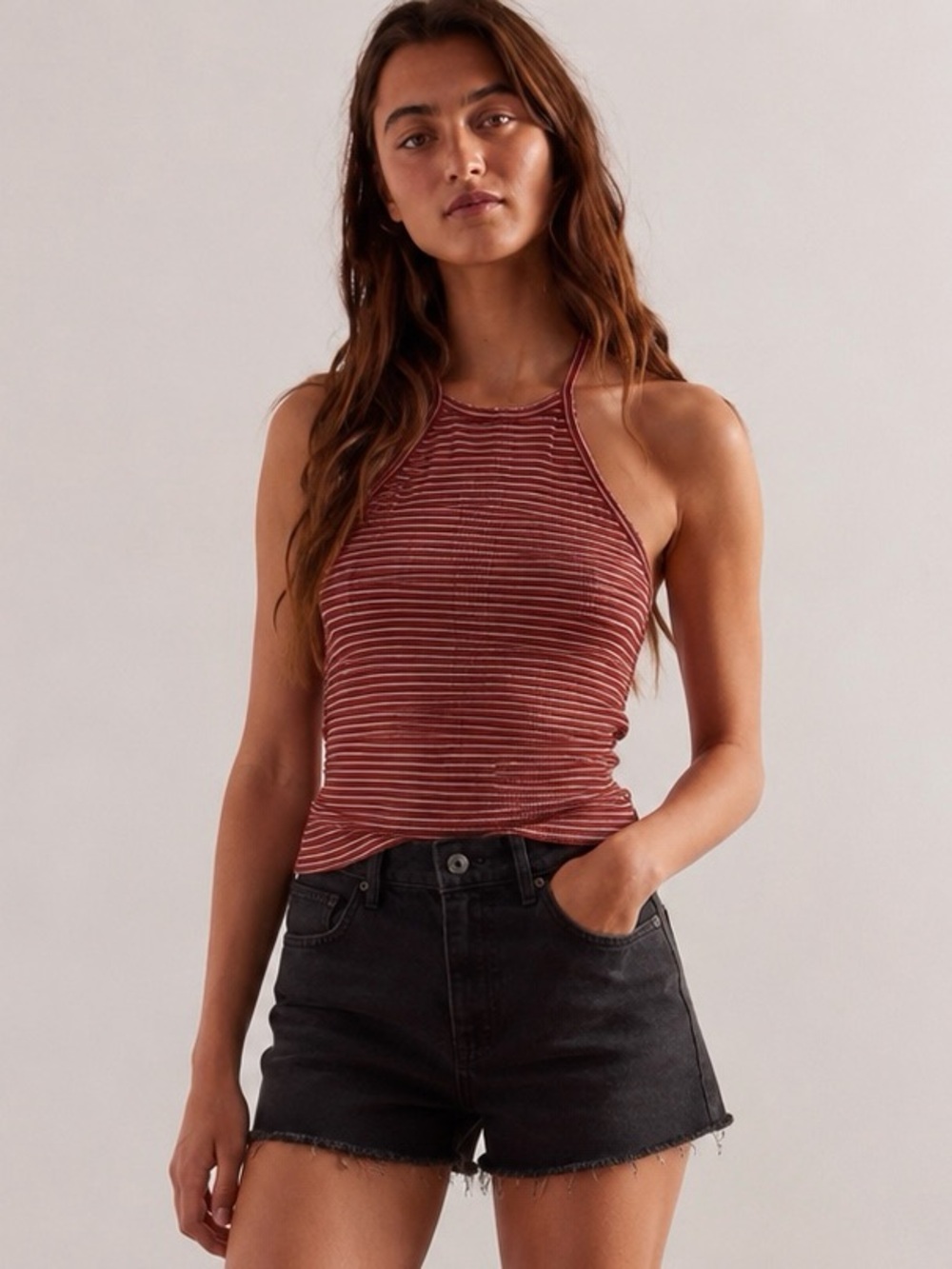American Eagle Striped Halter Top Pink Orange Ribbed Sleeveless Women Cotton (S)